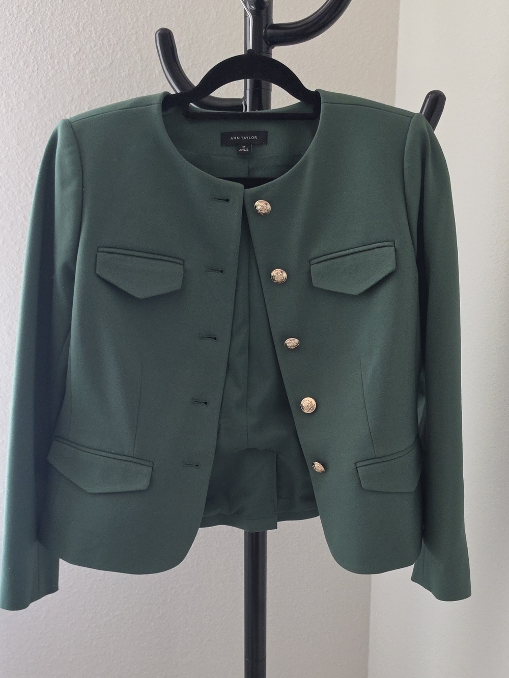 Ann Taylor Emerald Green Collarless Blazer with Gold Buttons